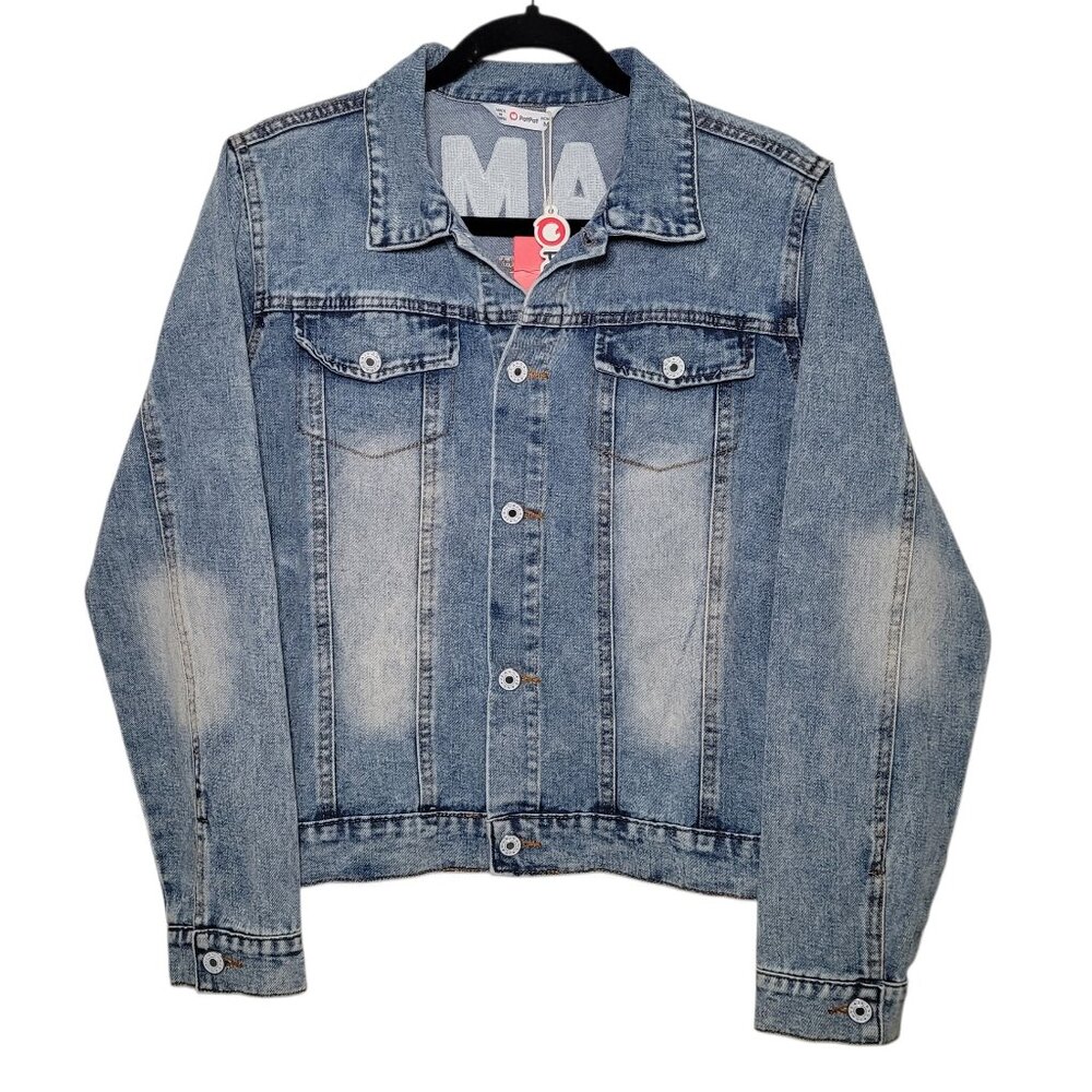Patpat Mama Distressed Denim Jean Jacket Medium Light Wash Streetwear - Picture 3 of 14